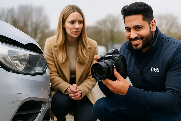 Gutachter erklärt einer Kundin direkt am Fahrzeug die Schadenaufnahme