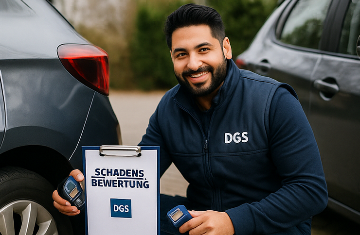 Gutachter mit DGS-Klemmbrett vor einem beschädigten Fahrzeug