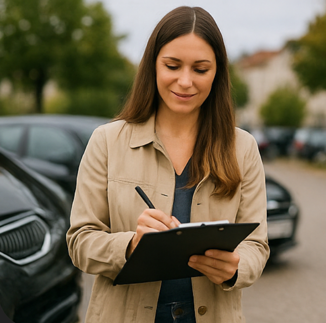 Gutachter fotografiert einen Unfallschaden, ein älteres Ehepaar schaut freundlich zu