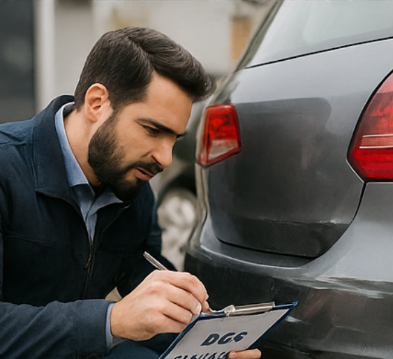 Gutachter notiert sich Details direkt am beschädigten Fahrzeug