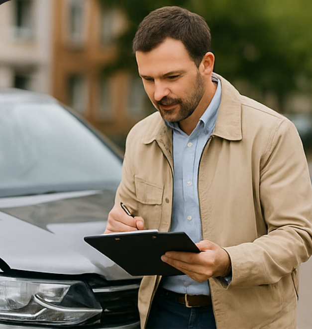 Gutachter zeigt einer Kundin ein Foto nach der Reparatur