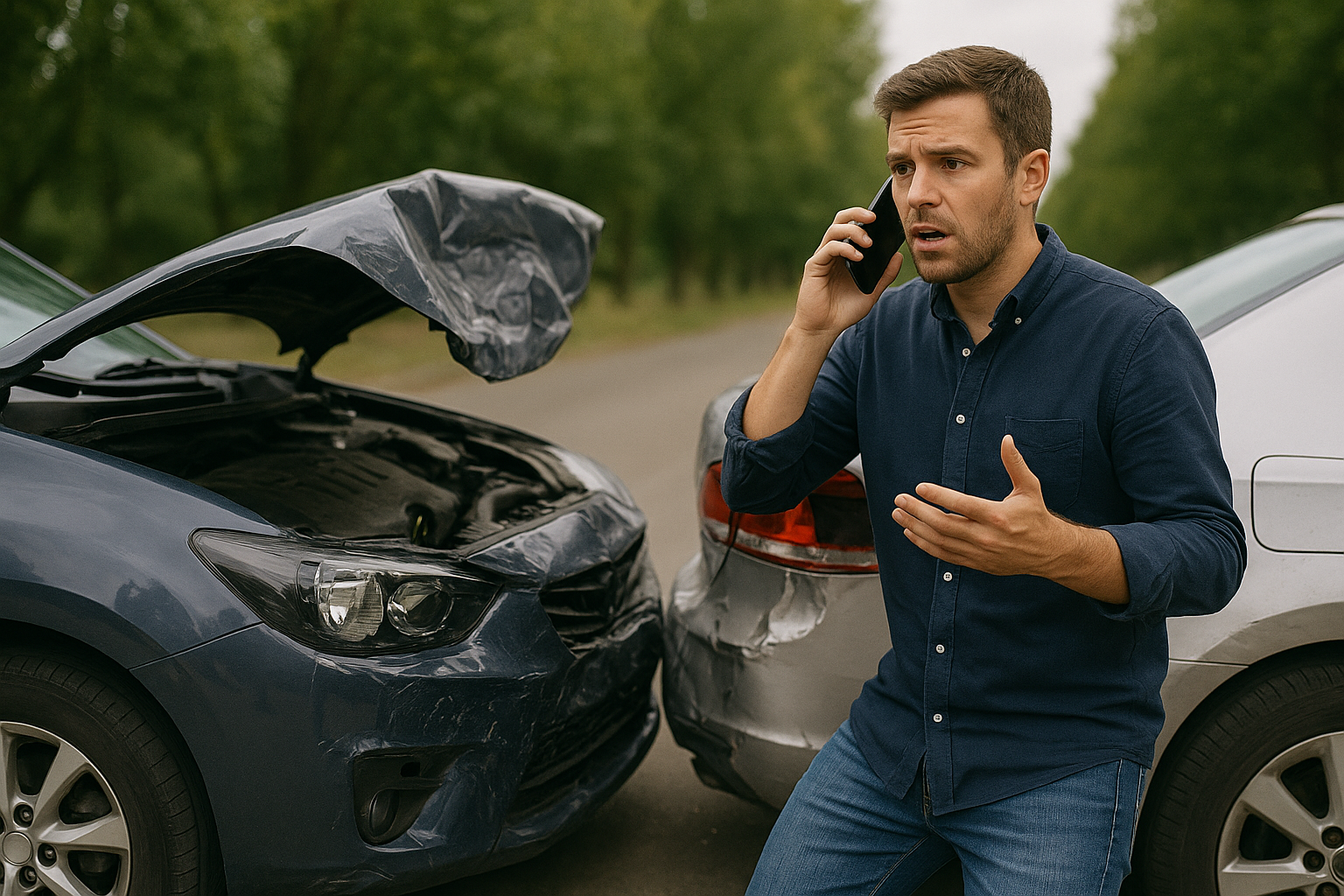 Zwei beschädigte Autos nach einem Auffahrunfall, der Fahrer telefoniert mit einem Gutachter